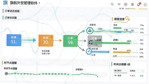 旗航外贸管理软件订单跟踪看板,呈现订单状态流转图、进度条、时间节点提醒,色彩明快,信息层级分明