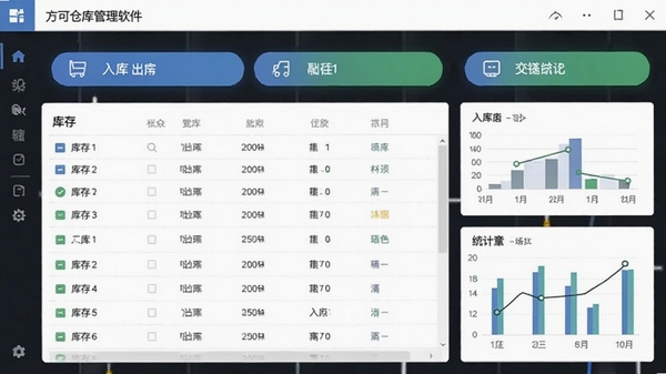 方可仓库管理软件主界面截图,展示库存列表、入库出库按钮和统计图表,风格简洁现代