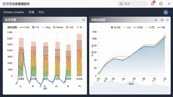 方可仓库管理软件报表中心界面,展示库存预警图表和进销存趋势曲线