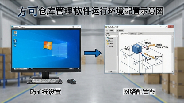 方可仓库管理软件运行环境配置示意图,展示Windows系统设置和网络配置