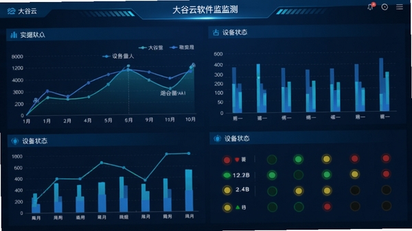 大谷云软件界面截图,展示实时数据监测仪表盘,包含曲线图、柱状图和设备状态指示灯,整体风格科技蓝,界面简洁明亮