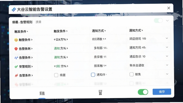 大谷云智能告警设置页面,展示告警规则列表,包含触发条件、通知方式选项,界面有开关按钮和保存按钮