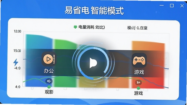 ��ʡ����԰�����ʡ��ģʽ�л����棬��ʾ�칫����Ӱ����Ϸ����ģʽͼ�꣬�м����л�����������Ϊ�������ĶԱ�ͼ������Ϊ��ʡ������ģʽ