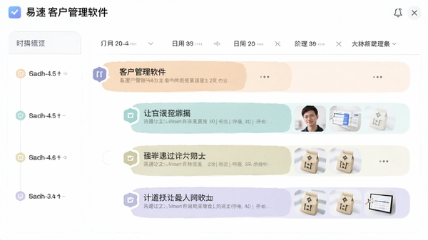 易速客户管理软件跟进记录时间线视图,展示不同日期的沟通记录,配有图标和附件缩略图,色彩柔和,信息层次分明