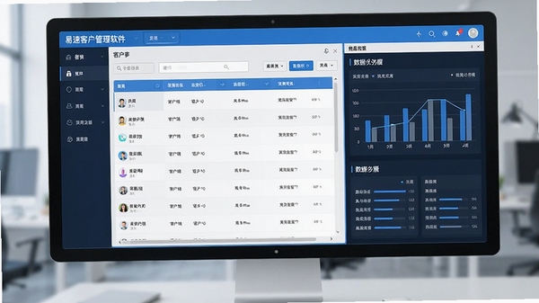 易速客户管理软件界面截图,展示客户列表和数据分析看板,现代商务风格,蓝色主色调,清晰直观