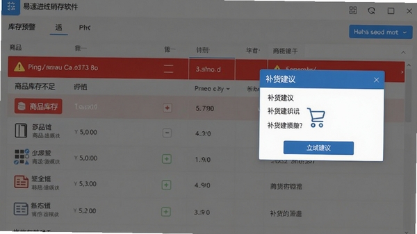 易速进销存软件的库存预警界面,显示商品库存不足的红色警示列表,并配有补货建议弹窗
