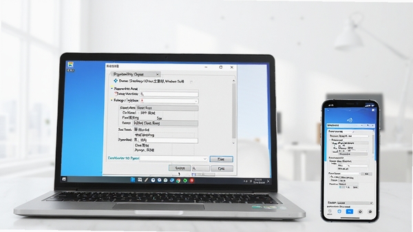 智信五金进销存软件在Windows 10系统上的运行优化设置截图,显示兼容性选项卡和高DPI设置界面,旁边有一台笔记本电脑和智能手机展示移动同步功能,背景简洁明亮。