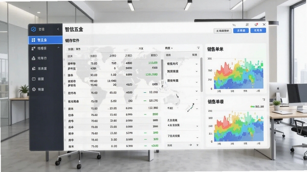 智信五金进销存软件主界面截图,展示清晰的库存列表、销售单据和功能导航菜单,整体风格现代简洁,数据看板图表色彩鲜明,背景为整洁的办公环境,操作界面高亮显示。