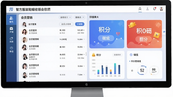 智方服装鞋帽收银会员管理软件的会员营销界面,展示会员列表和积分储值功能模块,图表化数据展示,界面友好