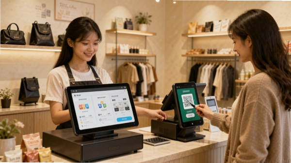 智方服装鞋帽收银会员管理软件的使用场景图,收银员正在操作前台,顾客扫码支付,店铺环境整洁,氛围温馨