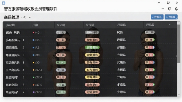 智方服装鞋帽收银会员管理软件的商品管理界面,展示多规格商品SKU列表,包含颜色尺码标签,界面清晰,数据表格风格
