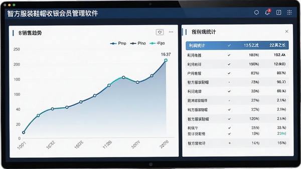 智方服装鞋帽收银会员管理软件的数据报表界面,展示销售趋势折线图和利润统计表,商务数据可视化风格