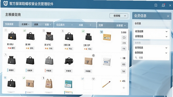 智方服装鞋帽收银会员管理软件主界面,展示商品列表、收银结算、会员信息面板,整体风格简洁商务,色彩清新,界面布局合理,高清截图风格