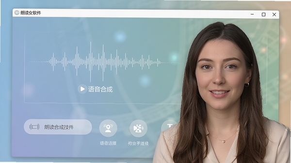 朗读女软件的界面截图,展示其主要功能和简洁美观的布局,突出语音合成技术,画面清晰,色彩柔和,适合作为软件介绍首图