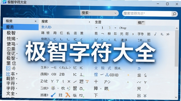 极智字符大全软件主界面截图,展示分类清晰的字符库列表与搜索框,背景为现代简约风格,蓝色科技感色调,界面明亮清晰,突出软件名称“极智字符大全”