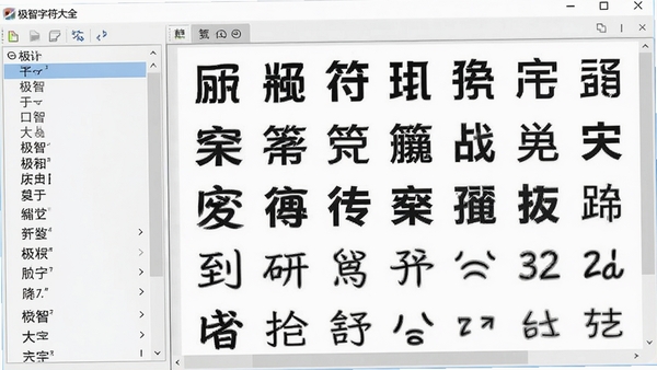 极智字符大全字体预览功能截图,界面展示多个汉字与符号在不同字体下的渲染效果,左侧为字体列表,右侧为字符预览区,背景为浅灰色工作台风格,软件名称“极智字符大全”显示在窗口顶部