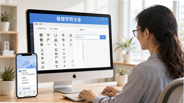 极智字符大全使用教程示意图,画面展示用户正在电脑前操作软件,屏幕上有字符分类和搜索框,旁边有手机同步提醒,背景为明亮的办公环境,色调柔和,软件名称“极智字符大全”出现在屏幕顶部