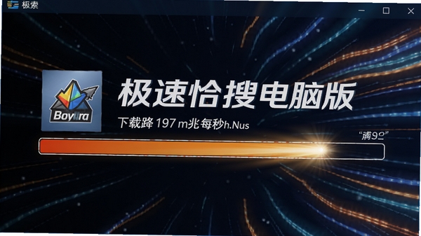 极速恰搜电脑版高速下载界面,显示文件以每秒数十兆的速度下载,进度条飞速前进,背景有速度线条特效,强调其极速性能。