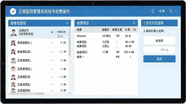 ��΢ҽԺ����ϵͳ�Һ��շѲ������棬��ʾ���߹ҺŶ��С��շ���Ŀ��ϸ��֧����ʽѡ�񣬽��沼�ֺ���������һĿ��Ȼ