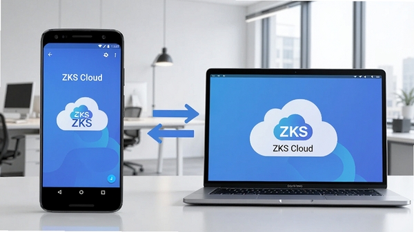 ZKS Cloud���ֻ��������ͬ��ʹ�õĳ������������ΪAndroid�ֻ����棬�Ҳ�Ϊ�ʼǱ�������ʾ��ͬ��״̬���м���˫���ͷͼ�꣬����Ϊ�ִ���Լ�칫��