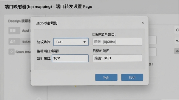 �˿�ӳ����(tcp mapping)�˿�ת������ҳ�棬չʾ����ӳ�����ĵ���������Э��ѡ��TCP�������˿ڡ�Ŀ��IP���˿�����򣬽��沼�ֹ�������ť����������Ϊǳ��ɫ����ͻ����������