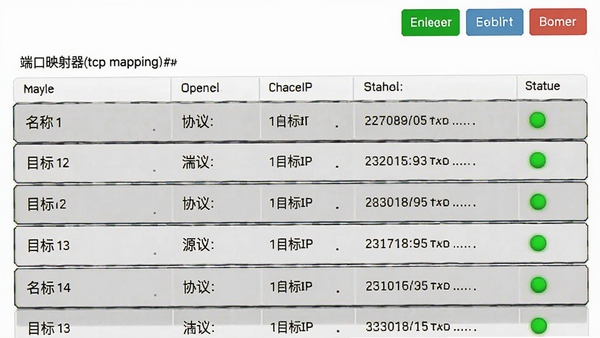 �˿�ӳ����(tcp mapping)�����б��������棬չʾ����ӳ����������״̬��ÿ��������ʾ���ơ�Э�顢Դ�˿ڡ�Ŀ��IP��״ָ̬ʾ��Ϊ��ɫ���б��Ϸ����������༭��ɾ����ť��������������