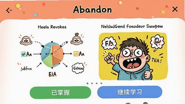 Ӣ�ﵥ�ʼ�������չʾ���ʡ�abandon���ļ�������ҳ�������ʸ����ͼ��г����ʾ���Լ�һ�Ÿ�Ц�ļ���廭�������·��С������ա��͡�����ѧϰ����ť�������������ã�ɫ�����������ֶ�Ԫ��ѧϰ����