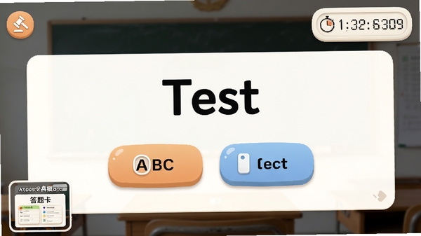 Ӣ�ﵥ�ʼ�������ȫ��ģ����Խ��棬��Ļ������֡�Test���������·���ABCDѡ�ť�����Ͻ��м�ʱ��������Ϊ����Ŀ��Է�񣬵�UI��ťԲ��ɰ������½���ʾ�����⿨������ͼ��������������η���