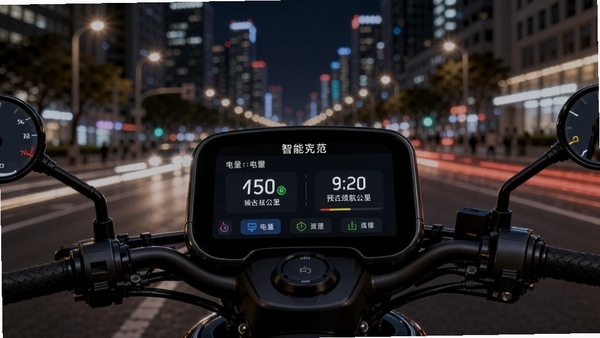 电摩范智能电量管理界面,仪表盘风格,显示电量百分比和预估续航公里数,背景为城市夜景骑行