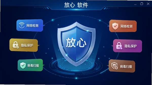 一张《放心》软件智能安全检测功能的界面截图,屏幕中央显示一个大型的盾牌图标,周围环绕着“网络检测”、“隐私保护”、“病毒扫描”等彩色功能图标,整体界面科技感十足,背景为深蓝色渐变。
