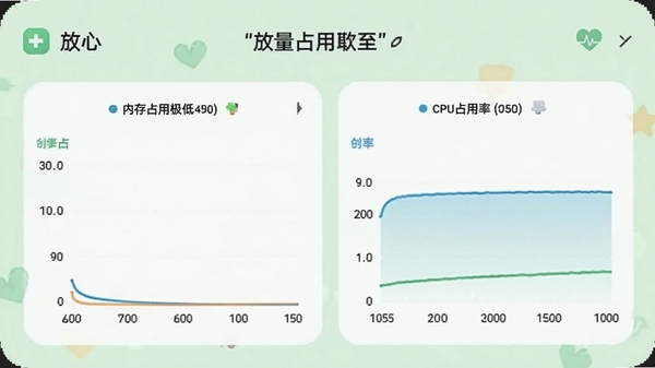 一张展示《放心》软件在手机后台运行时的内存占用图表,图表显示内存占用极低,同时CPU占用率曲线平稳,背景为淡绿色的健康指标风格,传达出轻量化的特点。