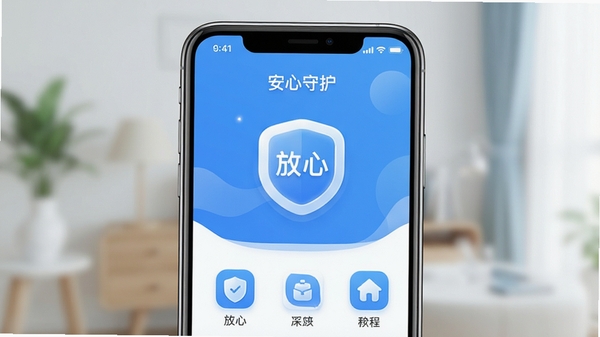 一张展示《放心》软件在智能手机上运行的主界面截图,界面风格简洁现代,以蓝白色调为主,图标圆润清晰,背景虚化,突出软件“安心守护”的品牌形象,画面干净明亮。