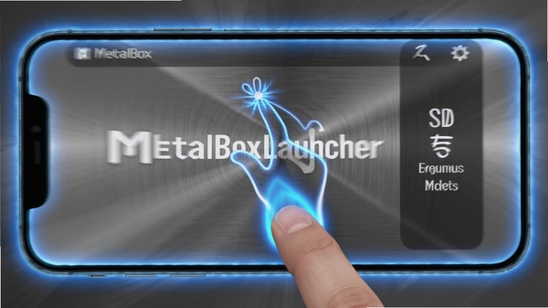 MetalBoxLauncher��������ҳ�棬�ֻ���Ļ��ʾ���ƹ켣��Ч����ָ����Ļ�ײ����ϻ�������Ļ��Ե������ɫ���Σ�����Ϊ������˿��������̬ģ��Ч������֡����Ⱦ