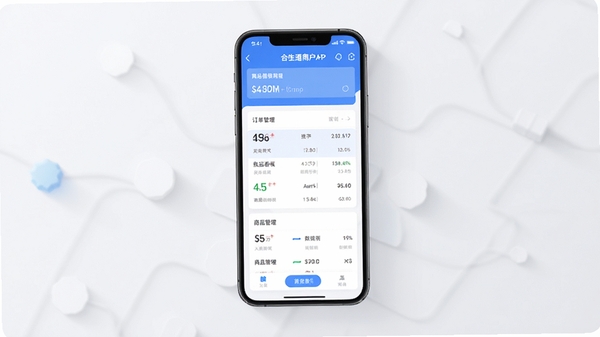 ����ͨ�̻�APP�����ͼ��չʾ�������������ݿ��塢��Ʒ�����Ⱥ��Ĺ���ģ�飬��ƽ����Ʒ����ɫ����ɫ������Ϊǳ��ɫ����Ļ������ʾ�ֻ�ģ�ͣ�����������࣬ͻ���̻��������ߵ�ʵ���ԺͿƼ��У�������͵Ĺ�ӰЧ��������ɫ������רҵ��