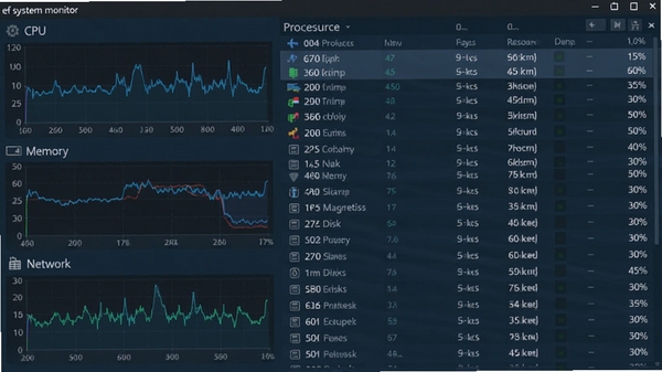 һ��չʾef system monitor������Ľ�ͼ���������ΪCPU���ڴ桢���̡������ʵʱ����ͼ���Ҳ�Ϊ��ϸ�Ľ����б�����Դռ�ðٷֱȣ����������ִ�������Ϊ����ɫ�������������ɶ�
