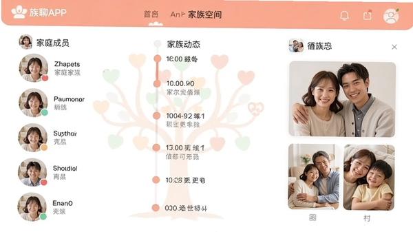 ����APP�ļ���ռ���棬չʾ��ͥ��Ա�б������嶯̬ʱ��������ģ�飬��Ʒ����ܰ��࣬���м�ͥ��Ԫ��