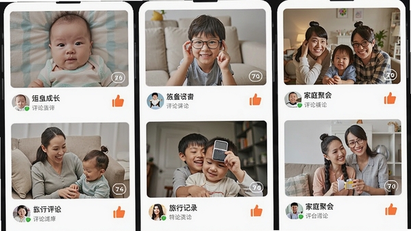 ����APP�ļ�ͥ��Ṧ��չʾ���ֻ���Ļ�������Ŷ��������ᣬ�б����ɳ������м�¼����ͥ�ۻ�ȣ���������Ƭ���ۺ͵���ͼ��