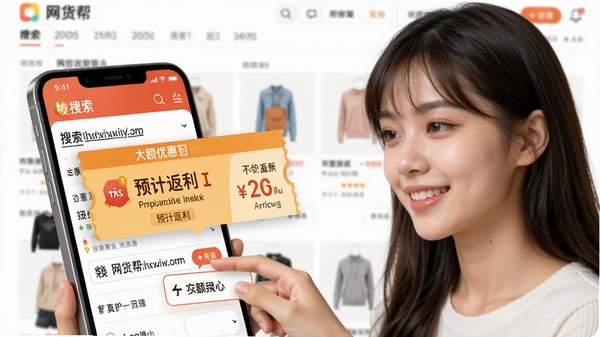 网货帮APP搜索界面特写,一位年轻女性用户正在输入商品链接,屏幕上弹出大额优惠券和预计返利金额的悬浮卡片,背景为模糊的电商购物页面,画面色彩明亮,突出便捷搜索与省钱效果。