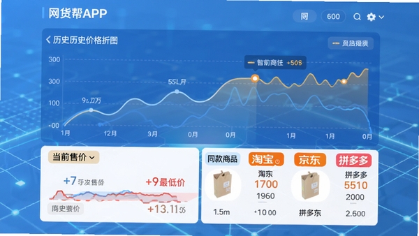 网货帮APP内商品历史价格折线图界面,图表下方显示当前售价与历史最低价对比,旁边有同款商品在淘宝、京东、拼多多的价格列表,背景为淡蓝色科技感网格,突出数据透明与智能分析。