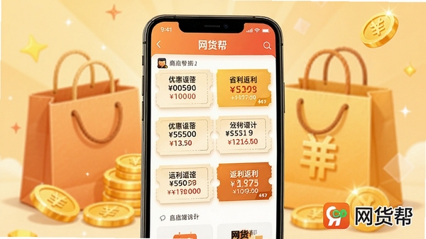 一张智能手机屏幕展示网货帮APP内部界面,界面中清晰显示各类商品优惠券和返利金额,背景是暖色购物袋与金币元素,风格明亮简洁,突出省钱返利主题,画面带有网货帮Logo水印。
