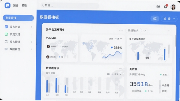 预见发软件界面截图,展示其多平台发布管理和数据看板功能,现代扁平化设计风格,主色调为蓝色和白色,界面清晰整洁,图标圆润,符合工具类App的视觉特点。