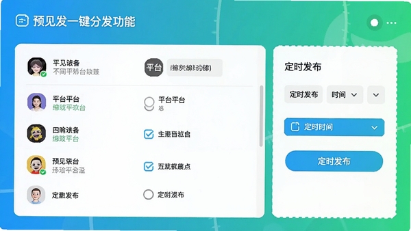 预见发一键分发功能界面,展示多个平台账号的绑定状态和勾选列表,以及定时发布的时间选择器,色彩明快,突出操作的高效便捷。