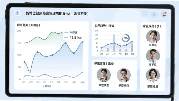 一龄博士健康档案管理功能展示,界面包含折线图、血压趋势、体重管理、家庭成员头像列表,背景为淡蓝色,数据可视化。