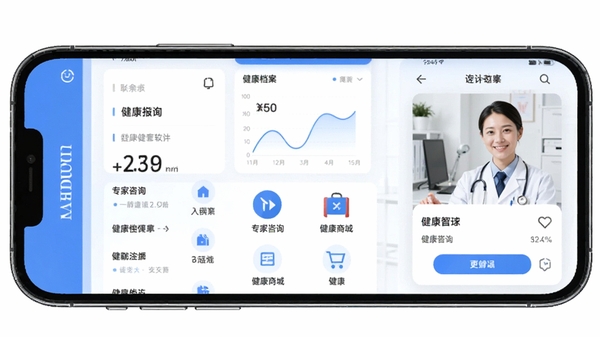 一龄博士健康管理软件界面展示,突出健康档案、专家咨询、健康商城等核心功能,整体风格清新专业,色调以蓝白为主,手机全屏展示,UI设计现代简洁,带有健康数据图表和医生在线咨询画面。