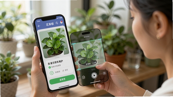 花掌柜app使用场景,用户正在用手机扫描绿植,屏幕显示识别结果