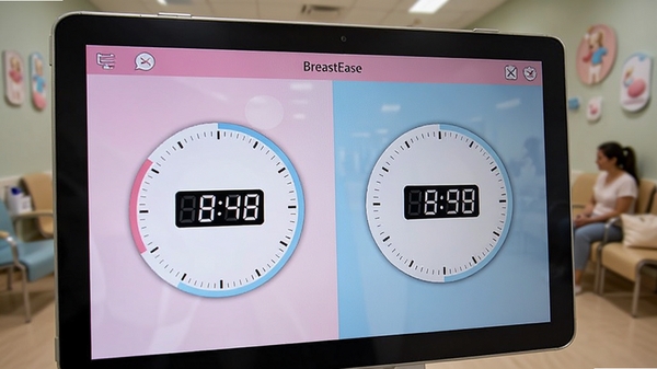 BreastEase软件界面特写,屏幕显示左右两侧乳房的独立计时圆环,数字跳动,界面采用粉蓝色调,简洁清晰,背景为虚化的母婴室环境。