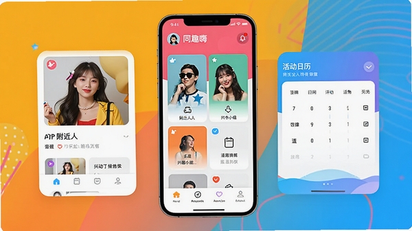 ͬȤ��APP����չʾͼ��չʾ�������ˡ���ȤС�顢������Ⱥ��Ĺ���ģ�飬ɫ�ʻ���������UI����ִ���࣬ͻ���罻���������ữ���