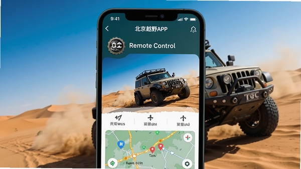 һ��չʾ����ԽҰAPP���ֻ���Ļ�����еĽ����ͼ������ΪӲ��ԽҰ����ɳĮ�г۳ҵĻ��棬ͻ��APP��Զ�̿����뵼�����ܣ�����������ɫ������������ԽҰ���
