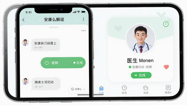 ����ôapp�������﹦�ܽ��棬չʾҽ���Ի����ں�ҽ����Ϣ��Ƭ������Ϊ�ɾ��İ�ɫ��������ɫ�����ߡ�״̬��ʶ�������Ѻ�����