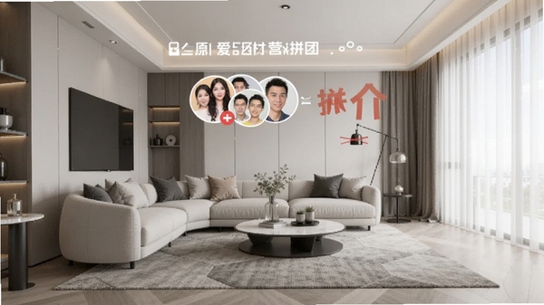 爱拼材会营拼团页面,显示正在进行的瓷砖拼团活动,多人头像已加入,价格从原价划掉变为拼团价,背景为现代简约客厅装修效果图